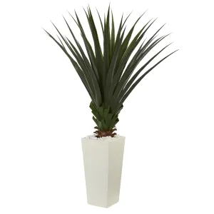 60" Spiky Agave Artificial Plant in White Tower Planter - Low Maintenance, Life-Like & Vibrant Silk Plants For Busy People.