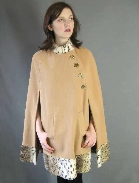 60s Cape 70s Vintage Mod Faux Cheetah Trim Camel Country Pacer VFG