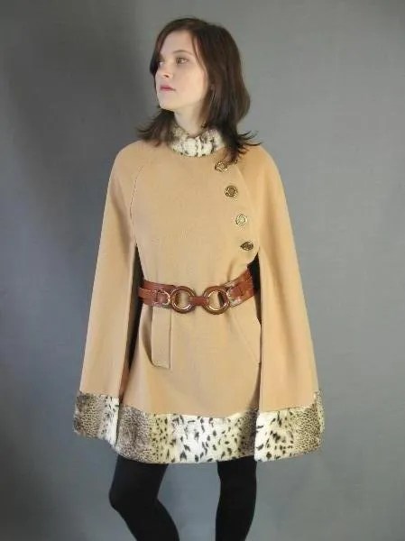 60s Cape 70s Vintage Mod Faux Cheetah Trim Camel Country Pacer VFG