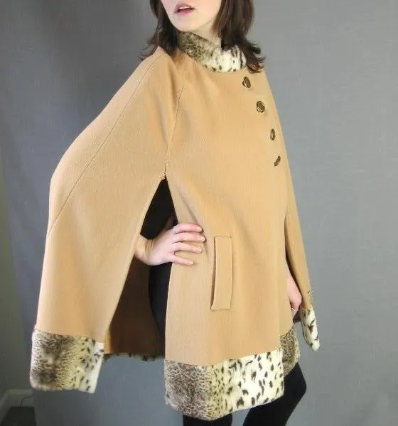 60s Cape 70s Vintage Mod Faux Cheetah Trim Camel Country Pacer VFG