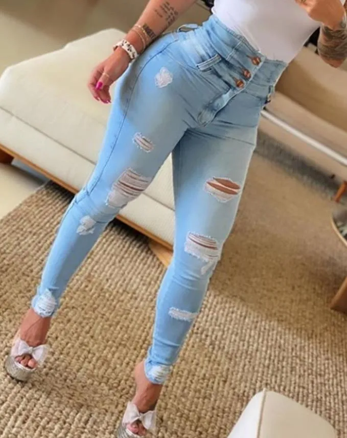 Amozae Women's Jeans Trend Autumn Fashion High Waist Buttoned Cutout Ripped Casual Skinny Plain Pocket Design Daily Long Jeans