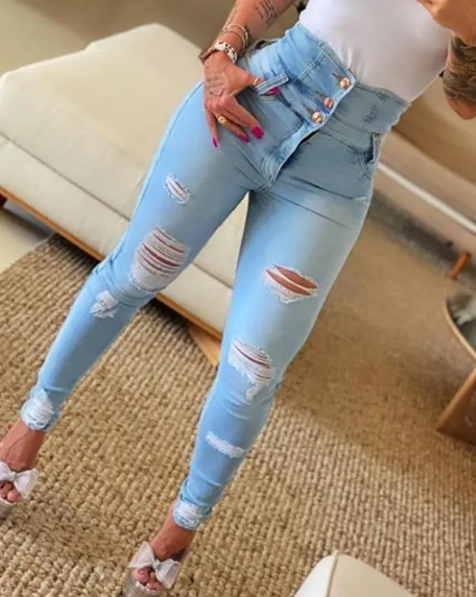 Amozae Women's Jeans Trend Autumn Fashion High Waist Buttoned Cutout Ripped Casual Skinny Plain Pocket Design Daily Long Jeans