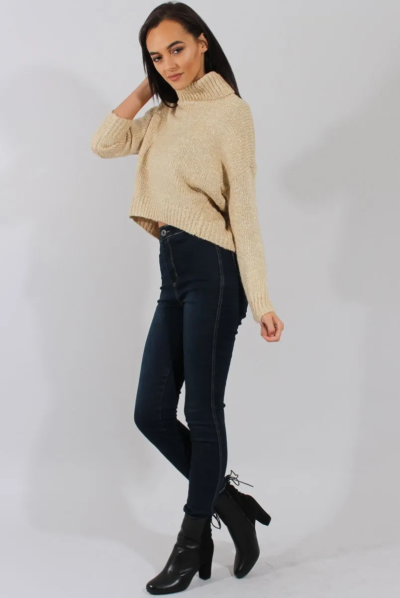 Beige Rollneck Knitted Cropped Jumper - Regean