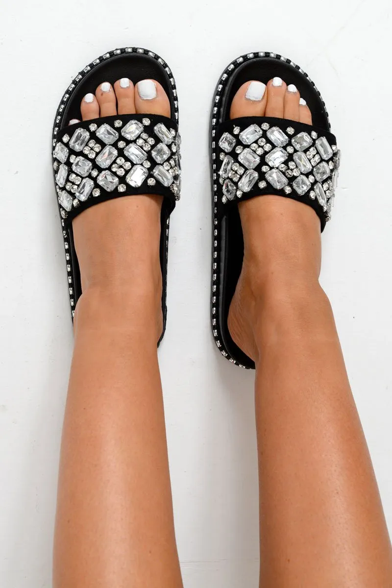 Black Faux Suede Jewel Sliders - Cosette