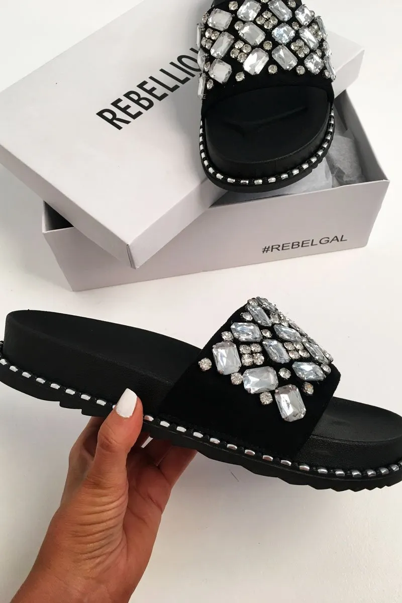 Black Faux Suede Jewel Sliders - Cosette