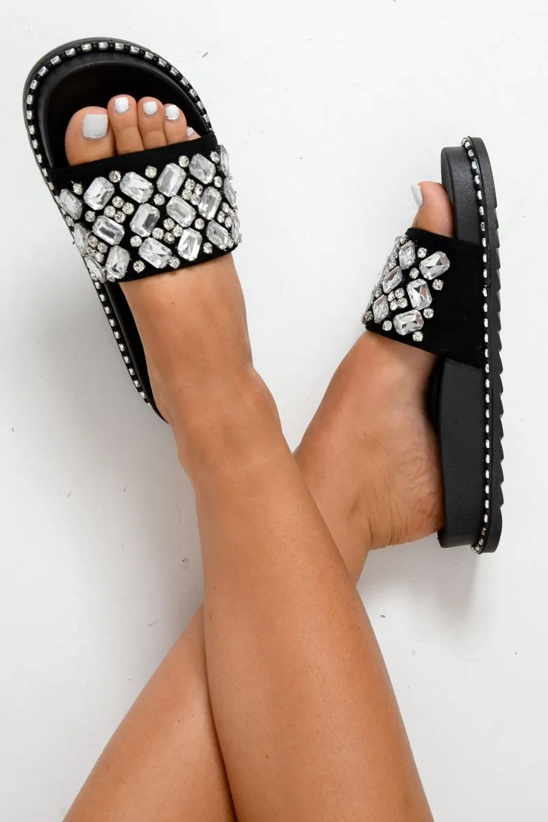 Black Faux Suede Jewel Sliders - Cosette