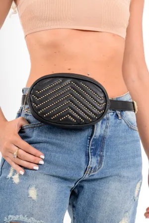 Black Gold Studded Faux Leather Oval Bum Bag - Dua