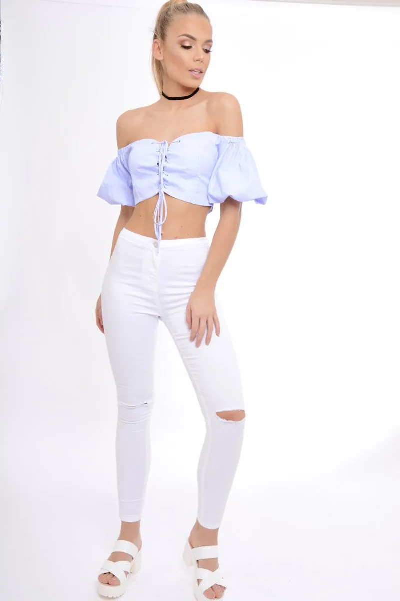 Blue Striped Lace Up Bardot Crop Top - Malin