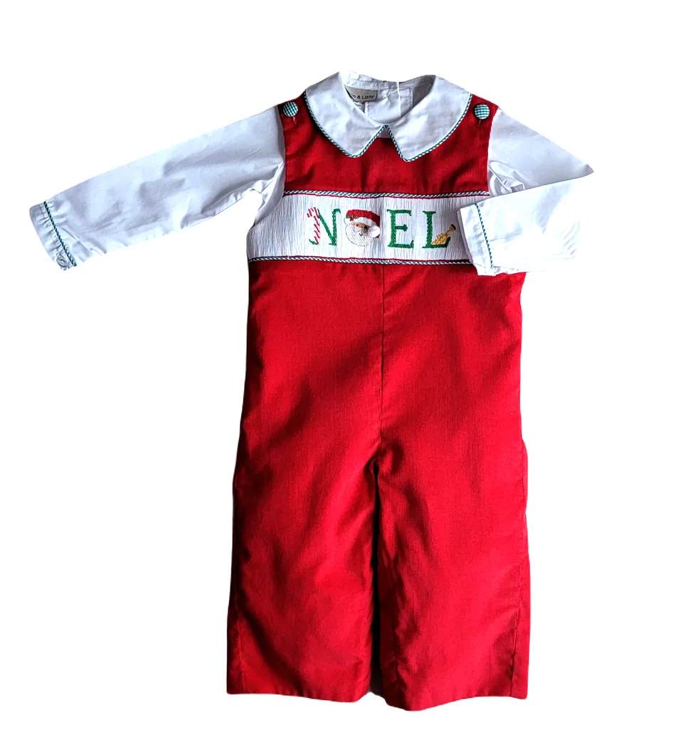 Boy's "Christmas Noel" Red Smocked Overall with White top