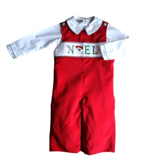 Boy's "Christmas Noel" Red Smocked Overall with White top