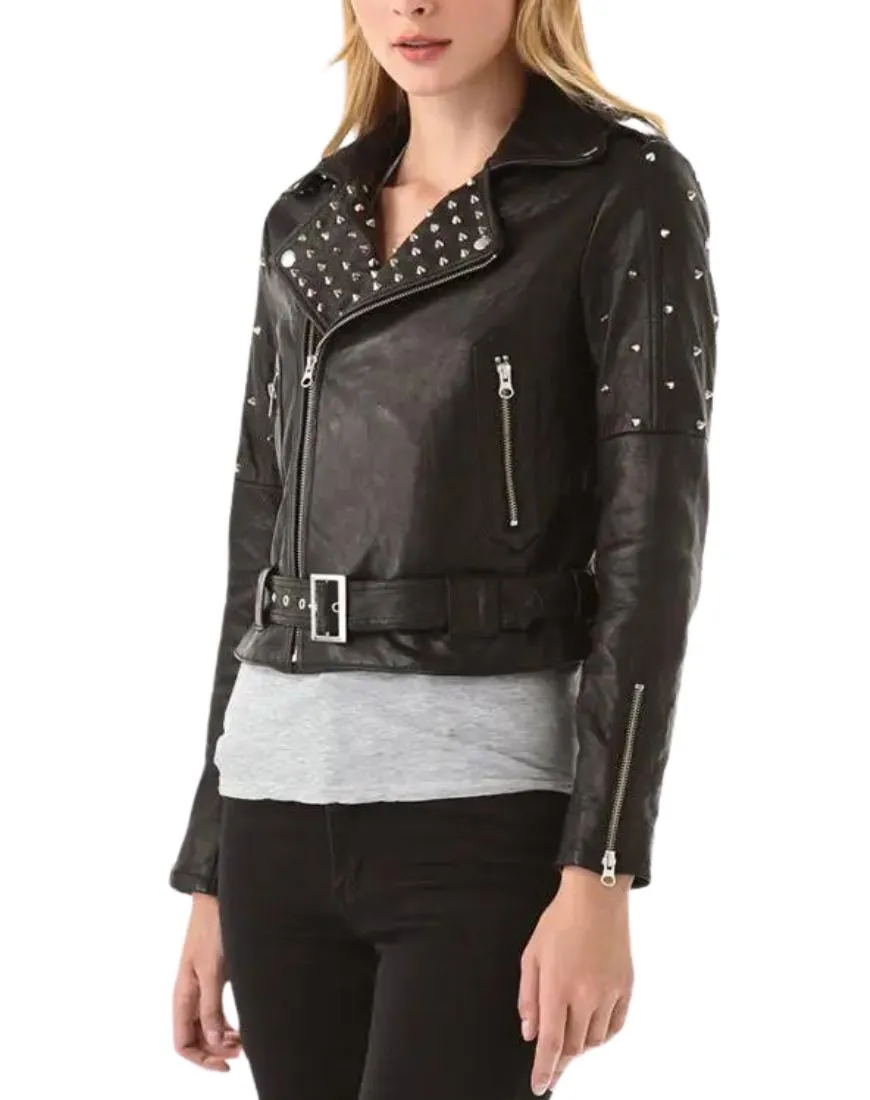 Celia Studded Black Biker Leather Jacket