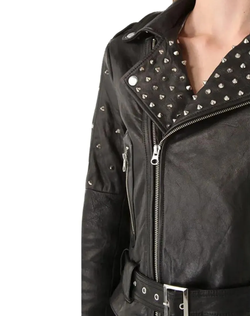 Celia Studded Black Biker Leather Jacket