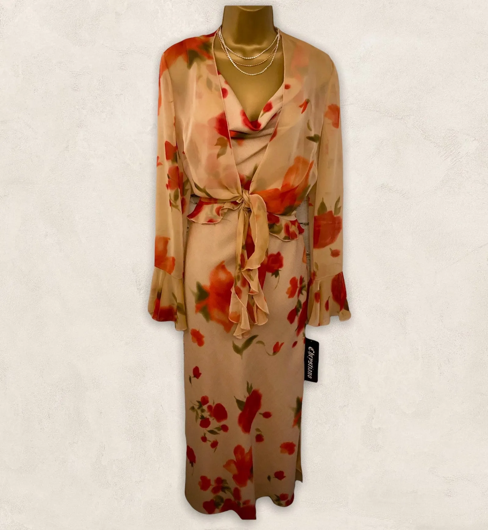 Chrystiano Beige & Red Floral Special Occasion Outfit  UK 12 US 8 EU 40