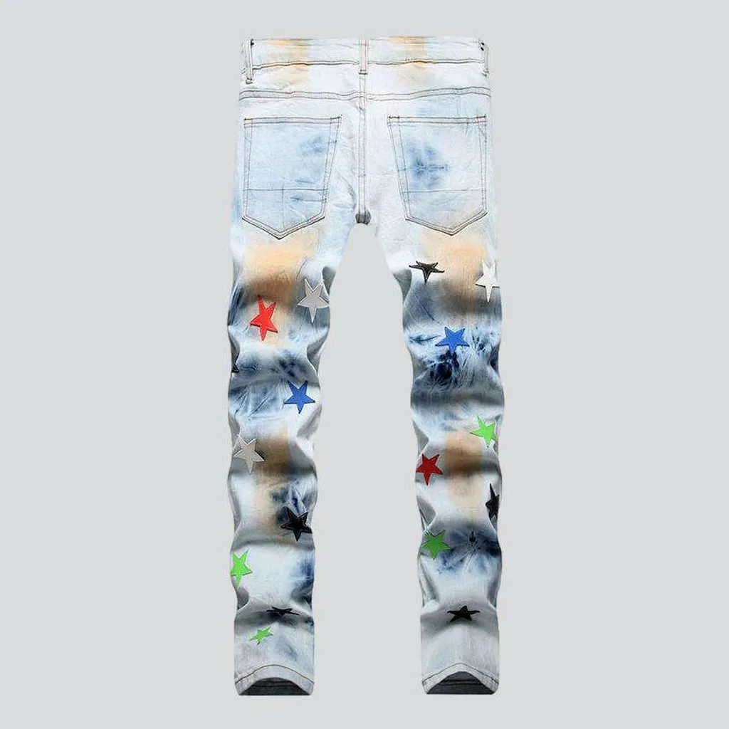 Color stars embroidery ripped jeans