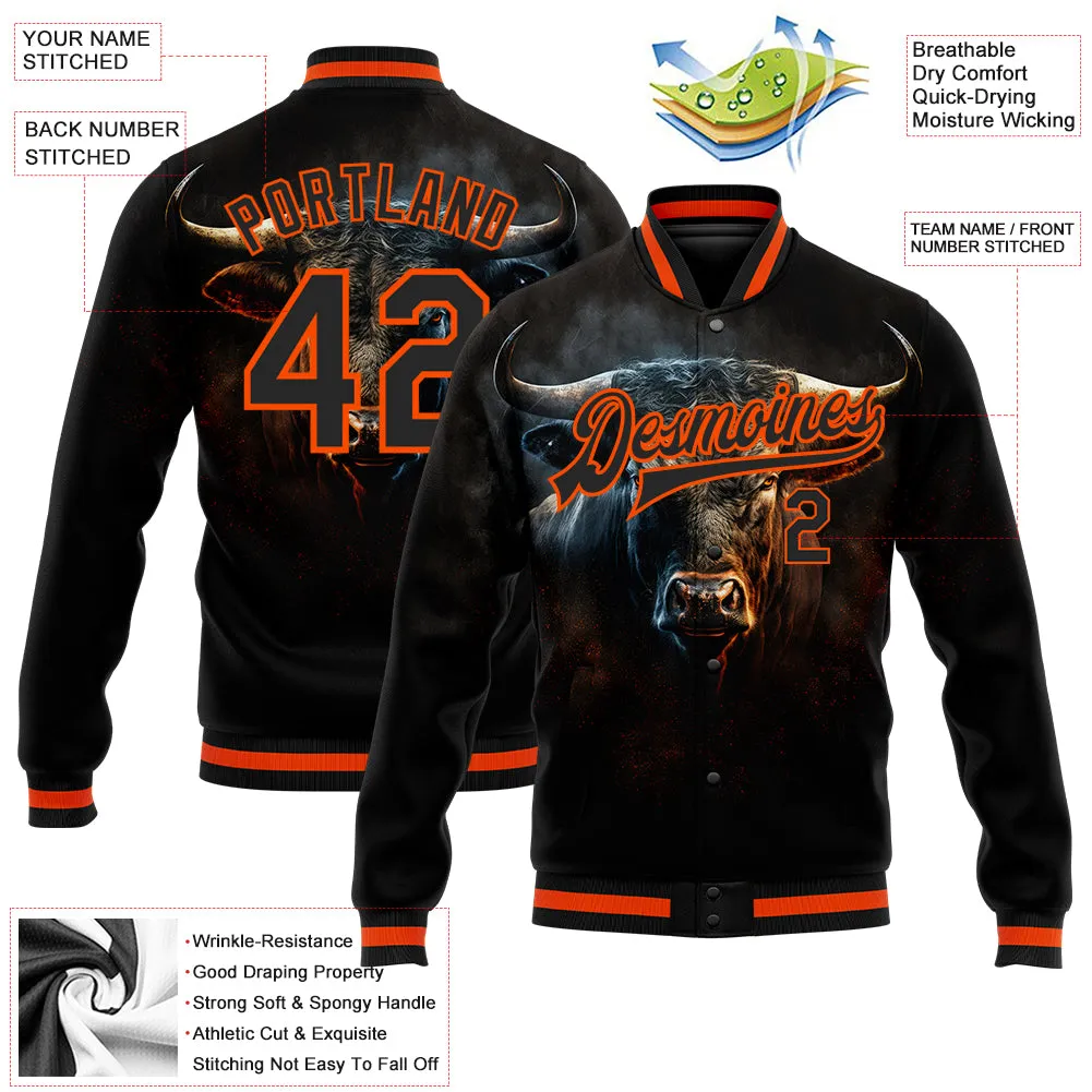 Custom Black Orange Angry Violent Bulls Face 3D Pattern Design Bomber Full-Snap Varsity Letterman Jacket