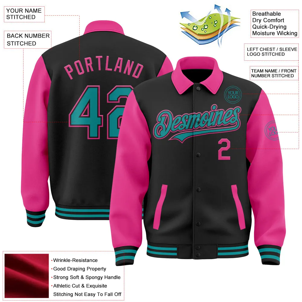 Custom Black Teal-Pink Bomber Full-Snap Varsity Letterman Two Tone Lapel Collar Byron Jacket