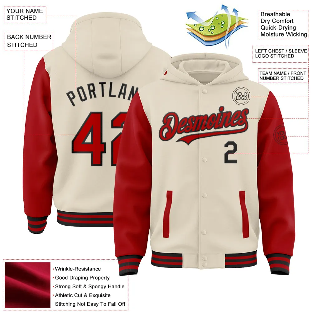 Custom Cream Red-Black Bomber Full-Snap Varsity Letterman Two Tone Hoodie Jacket