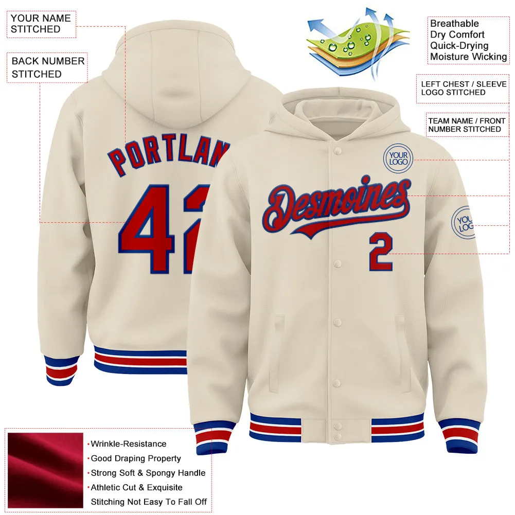 Custom Cream Red Royal-White Bomber Full-Snap Varsity Letterman Hoodie Jacket