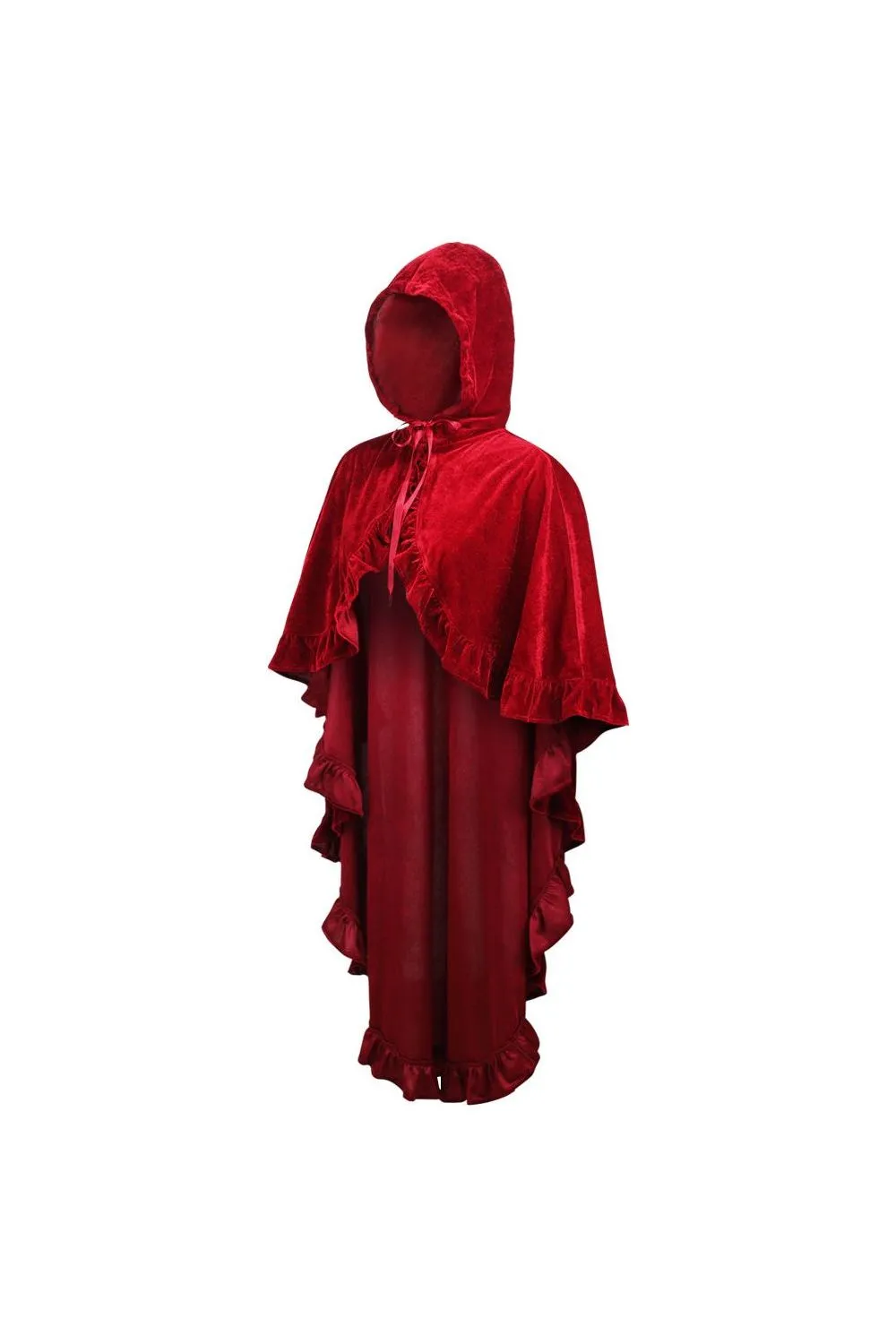 Dark Red Velvet Hooded Ruffle Cape