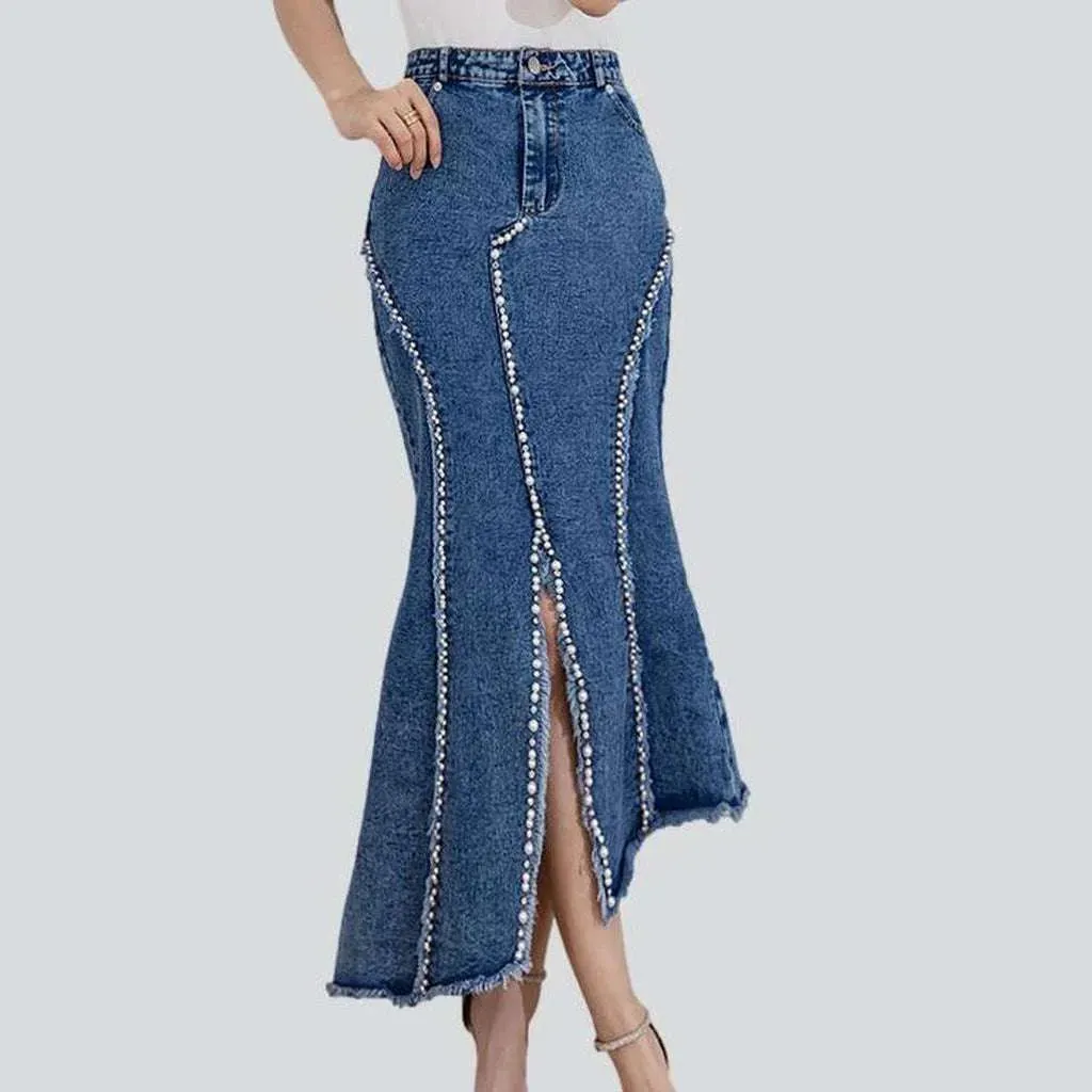 Front slit embellished denim skirt