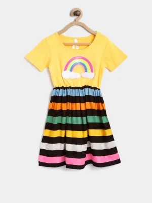 Gilr's Embellished Rainbow And Stripe Printed Dress - StyleStone Kid