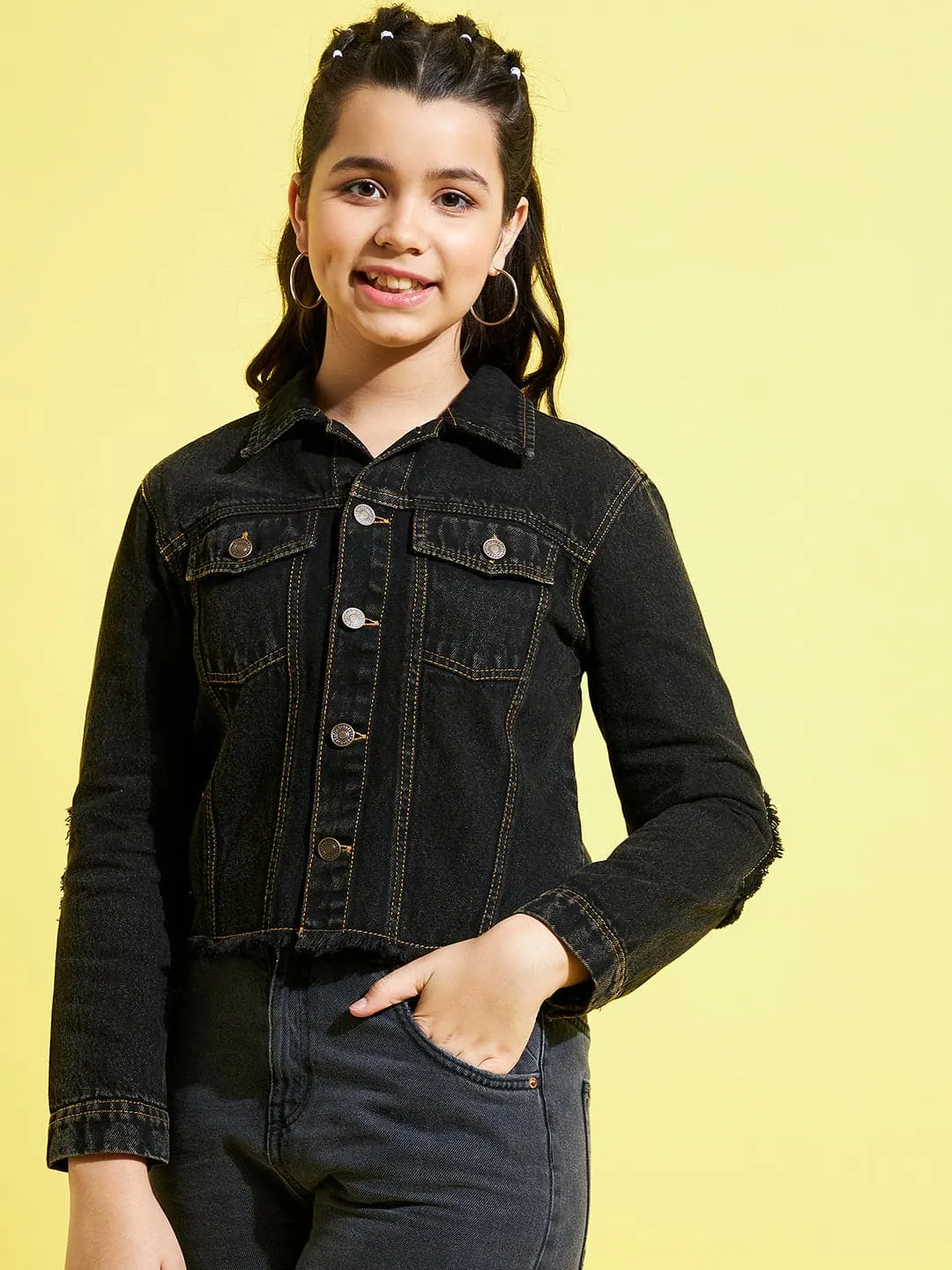 Girls Black Smiley Patch Denim Raw Hem Jacket - Lyush Kids