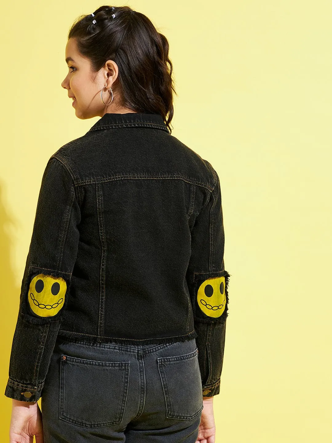 Girls Black Smiley Patch Denim Raw Hem Jacket - Lyush Kids