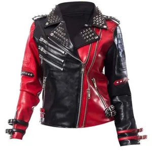 Harley Quinn Heartless Asylum Studded Biker Red and Black Costume Real Leather Jacket