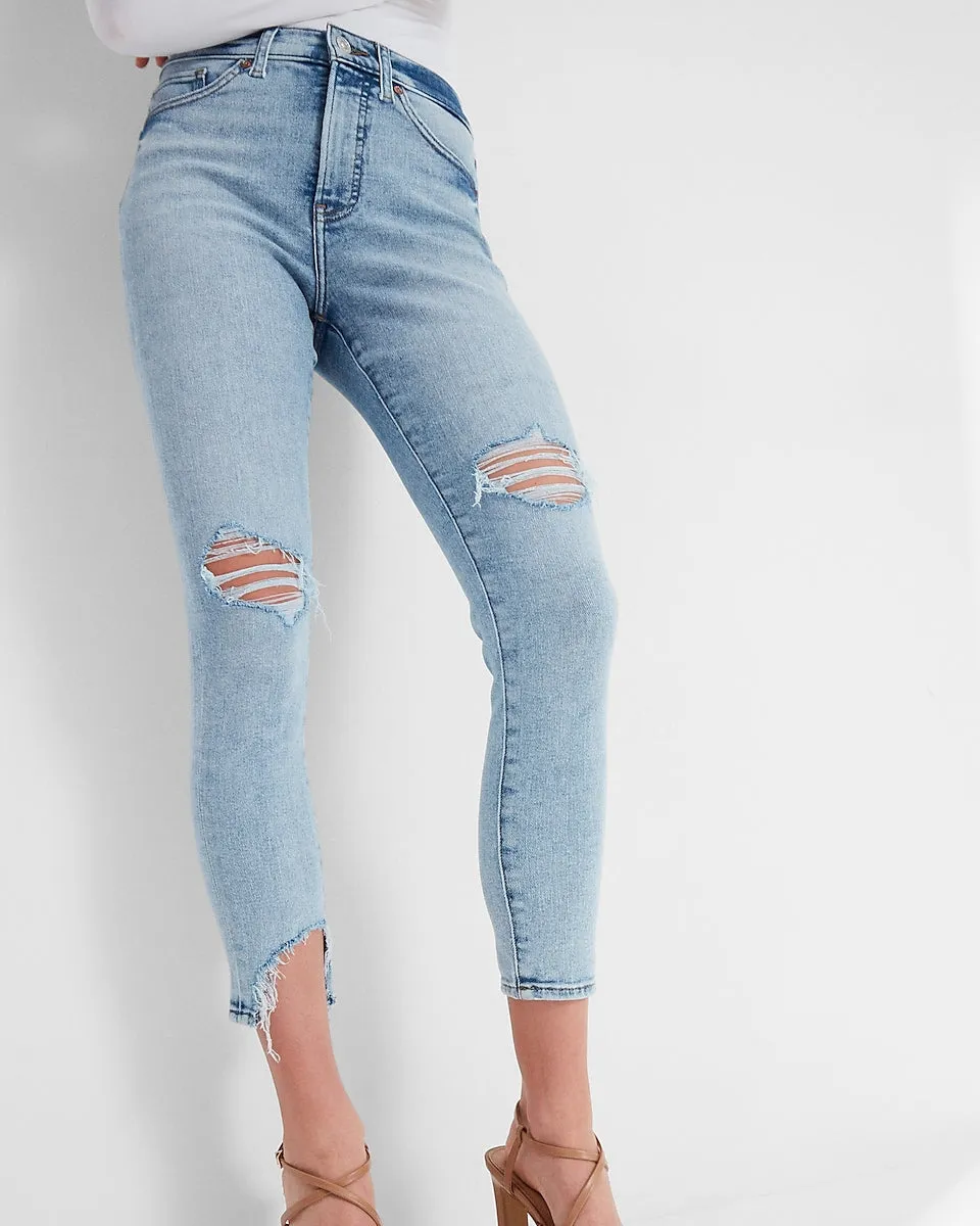 High Waisted Light Wash Ankle Detail Cropped Skinny Jeans in Medium Wash