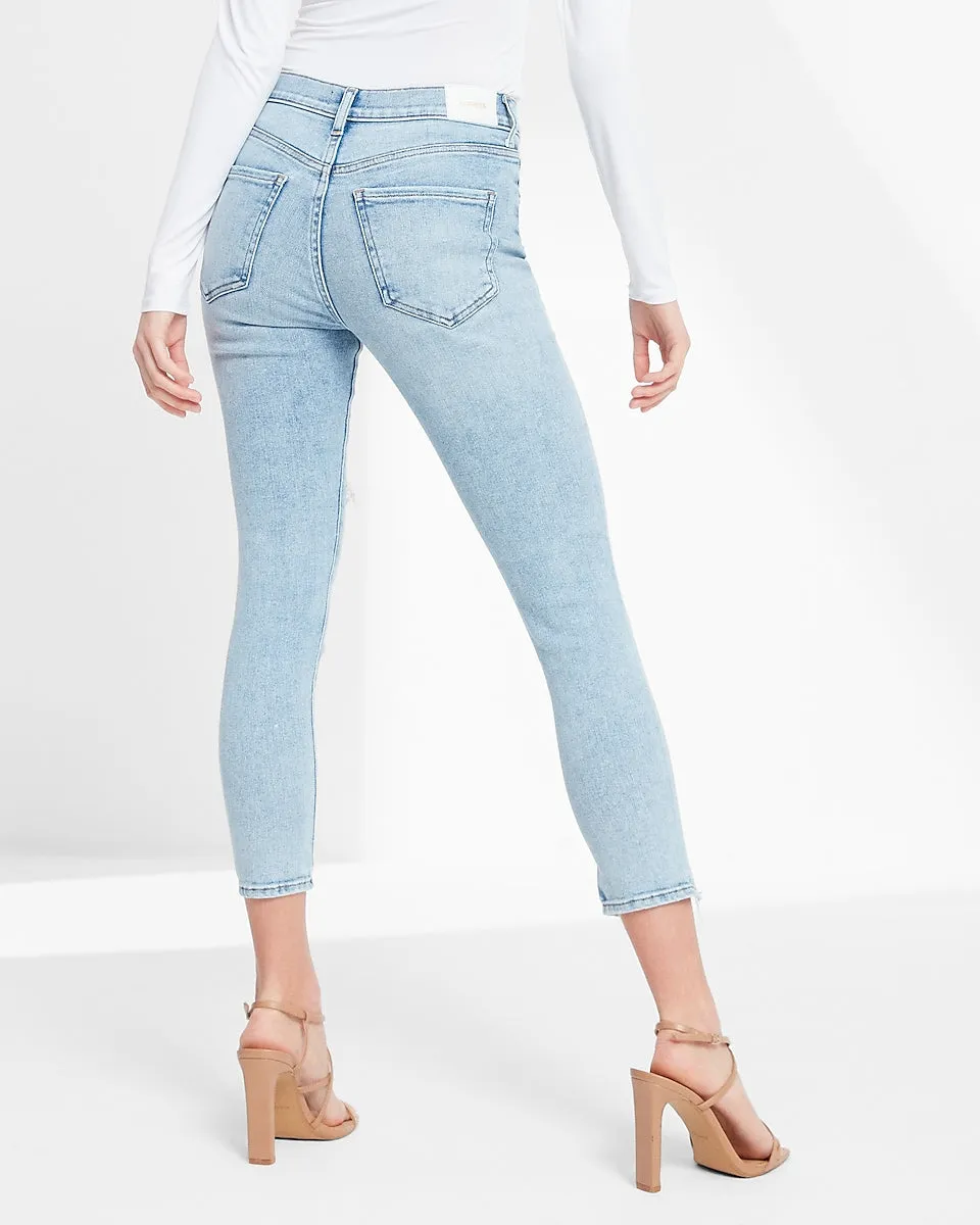 High Waisted Light Wash Ankle Detail Cropped Skinny Jeans in Medium Wash