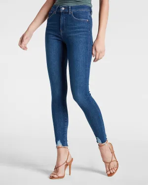 High Waisted Medium Wash Ripped Hem Skinny Jeans in Medium Wash