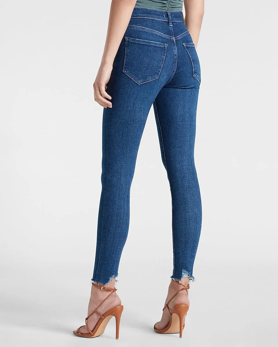 High Waisted Medium Wash Ripped Hem Skinny Jeans in Medium Wash