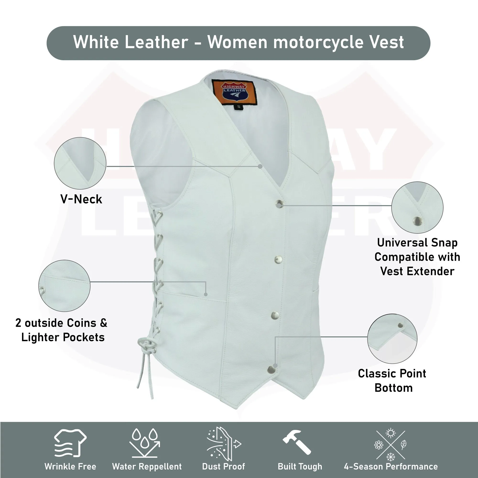 HL14501WHITE White Leather - Women motorcycle Vest Biker Club Concealed Carry