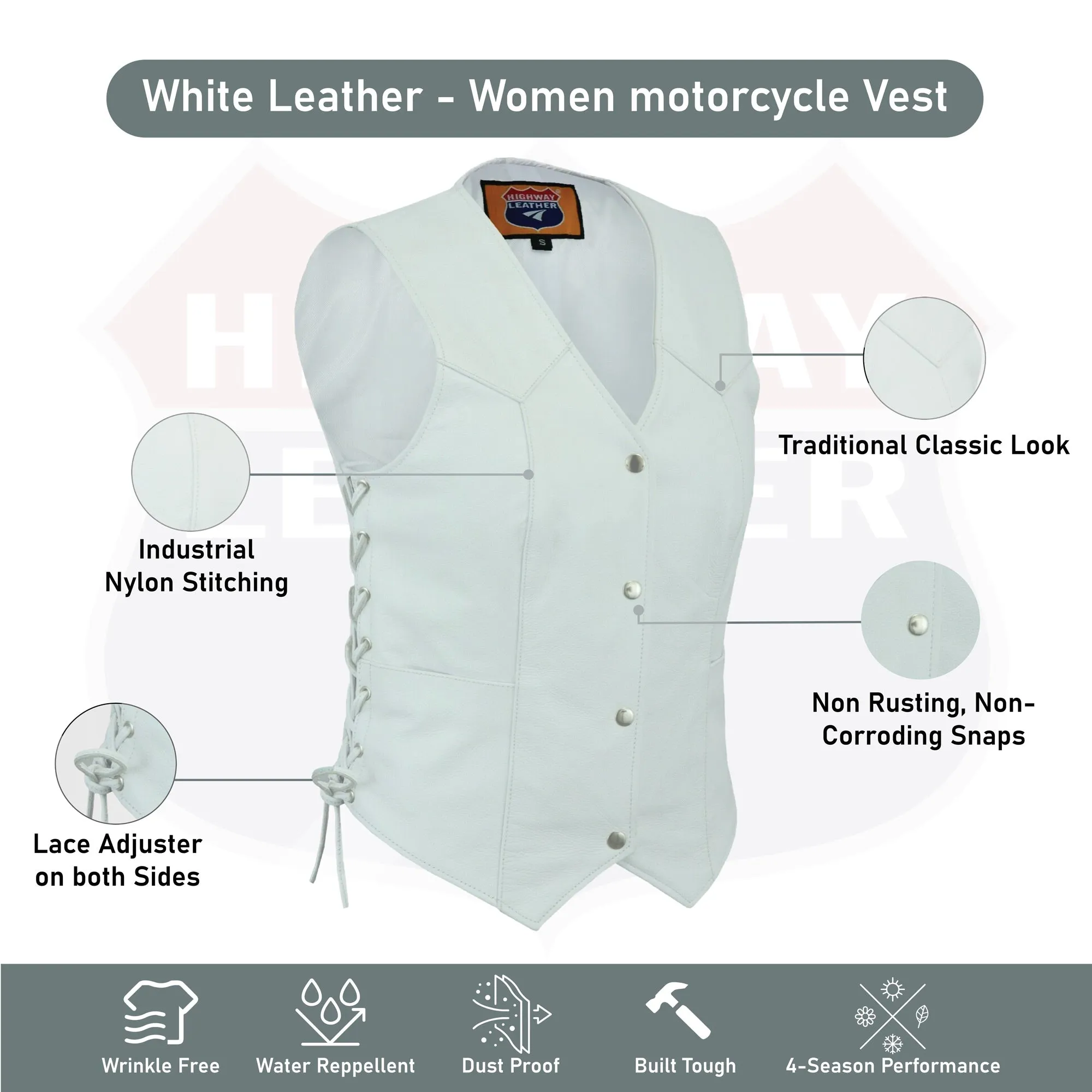 HL14501WHITE White Leather - Women motorcycle Vest Biker Club Concealed Carry