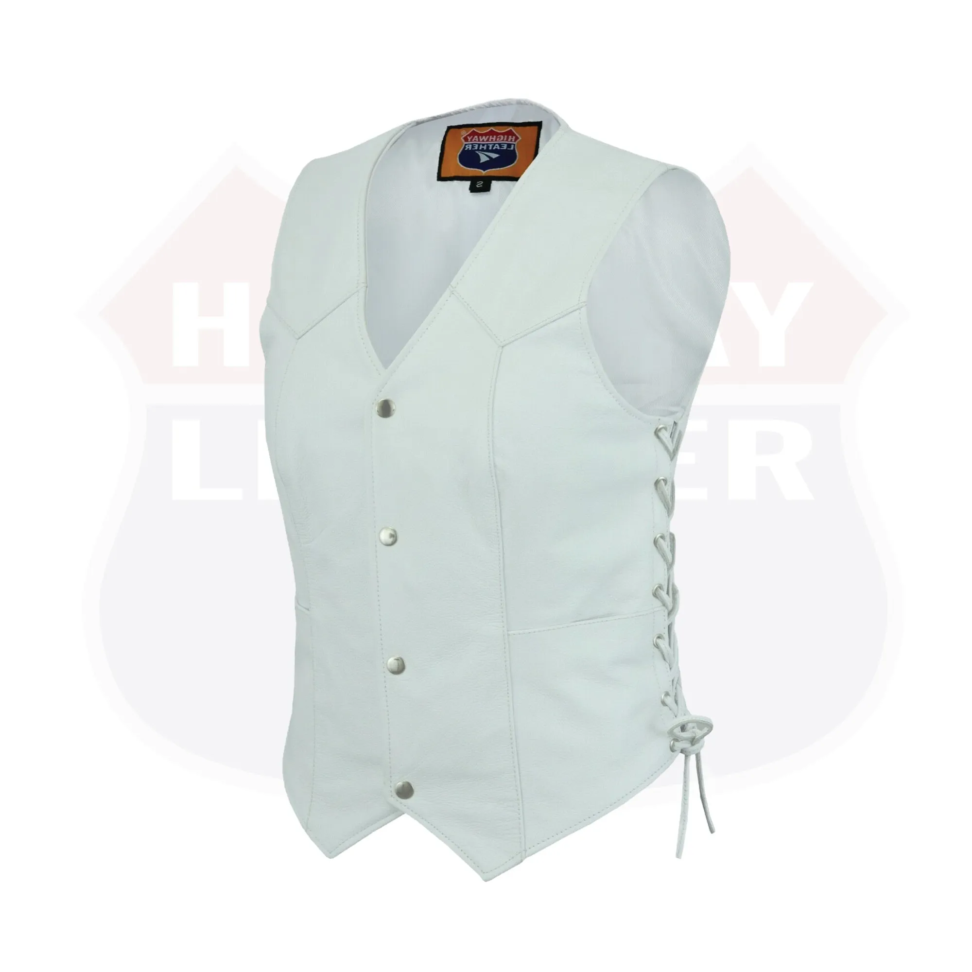 HL14501WHITE White Leather - Women motorcycle Vest Biker Club Concealed Carry