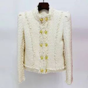 Ivory Tweed Jacket Side-To-Side Gold Buttons Coat