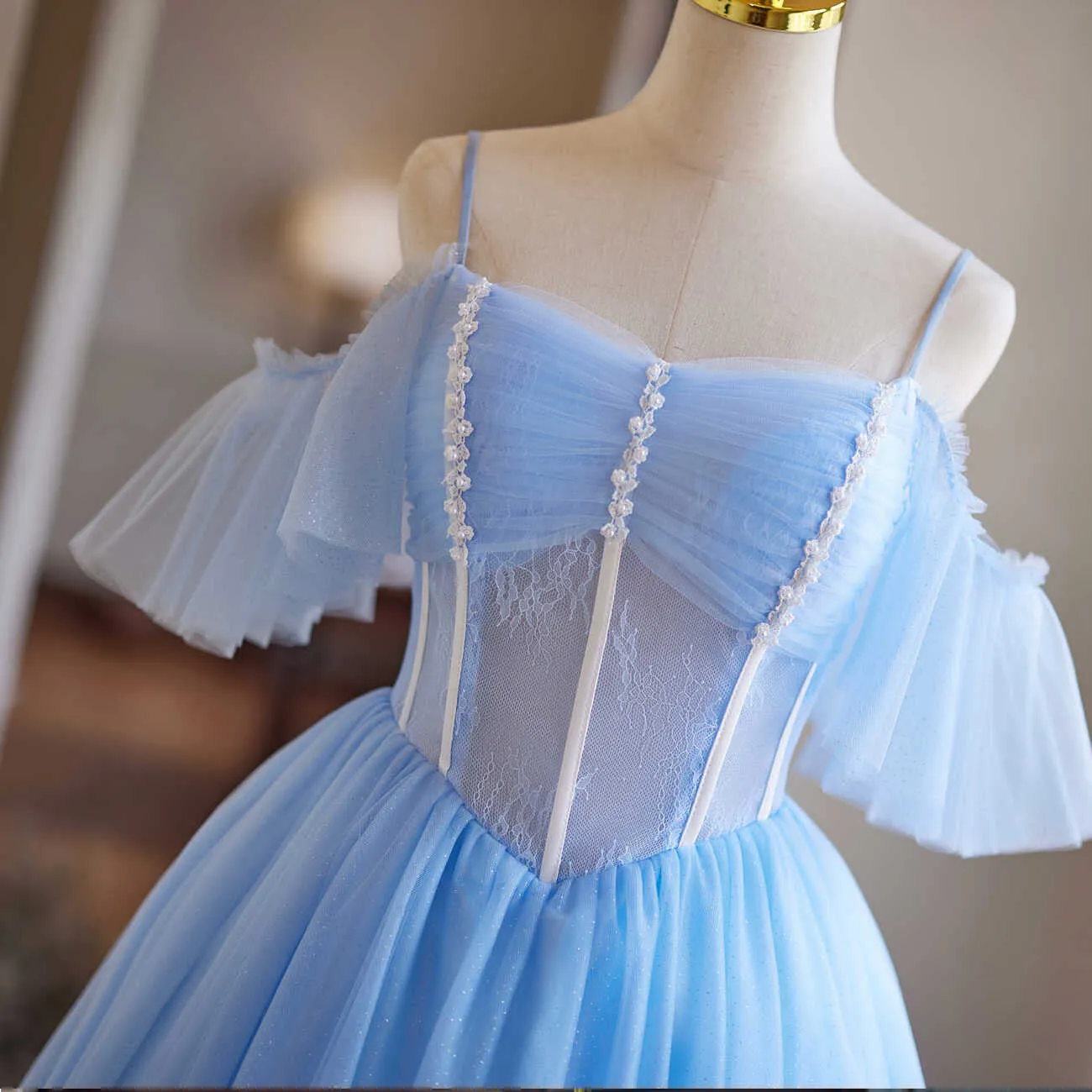 Light Blue Beaded Knee Length Tulle Party Dress, Light Blue Homecoming Dress