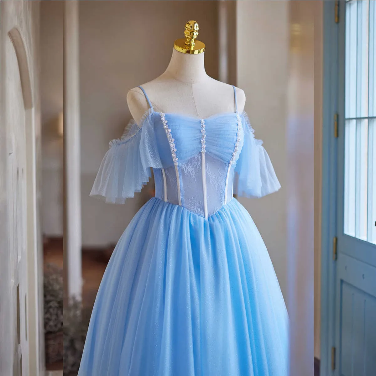 Light Blue Beaded Knee Length Tulle Party Dress, Light Blue Homecoming Dress