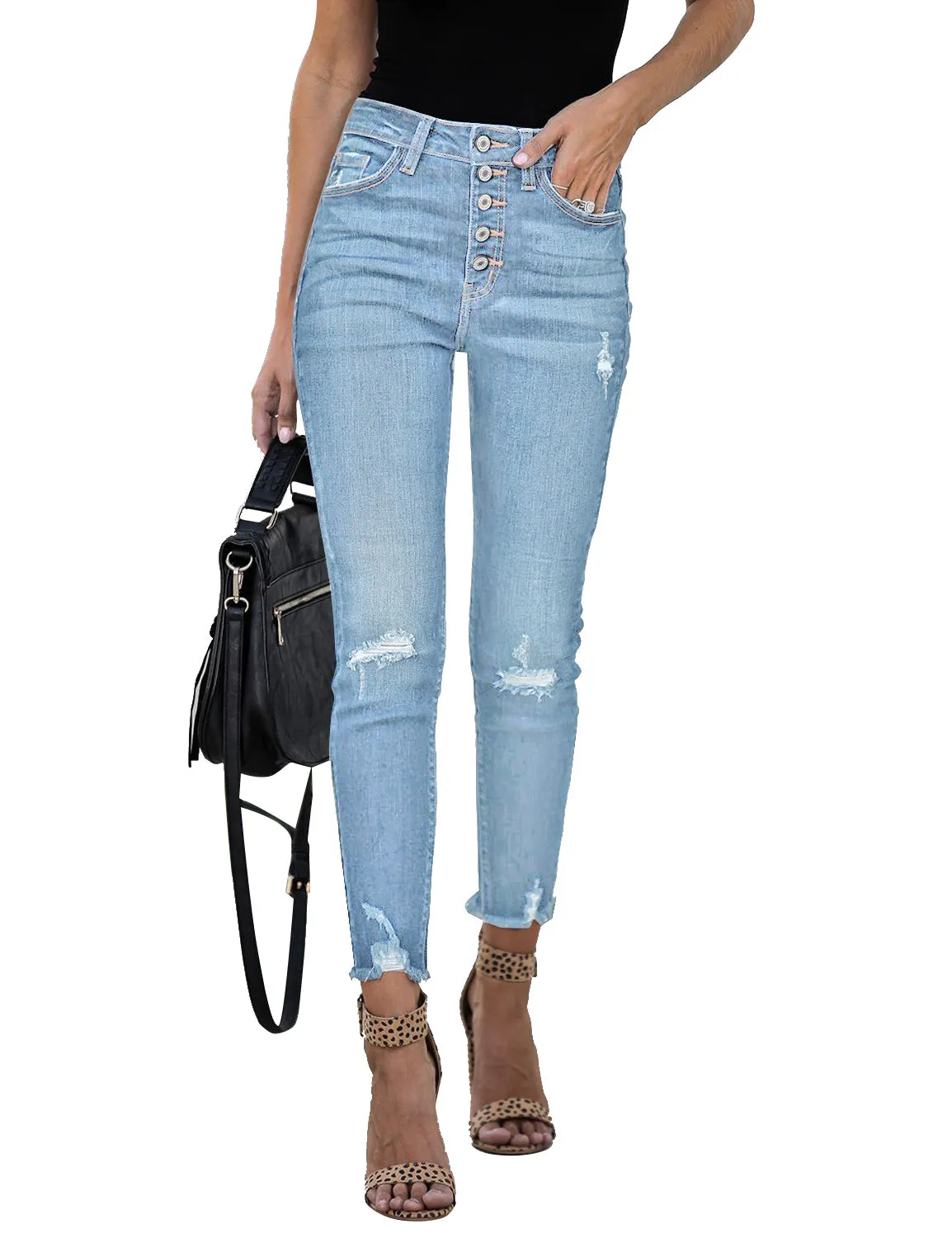 Light Blue High-Waist Button-Up Raw Hem Ripped Cropped Jeans