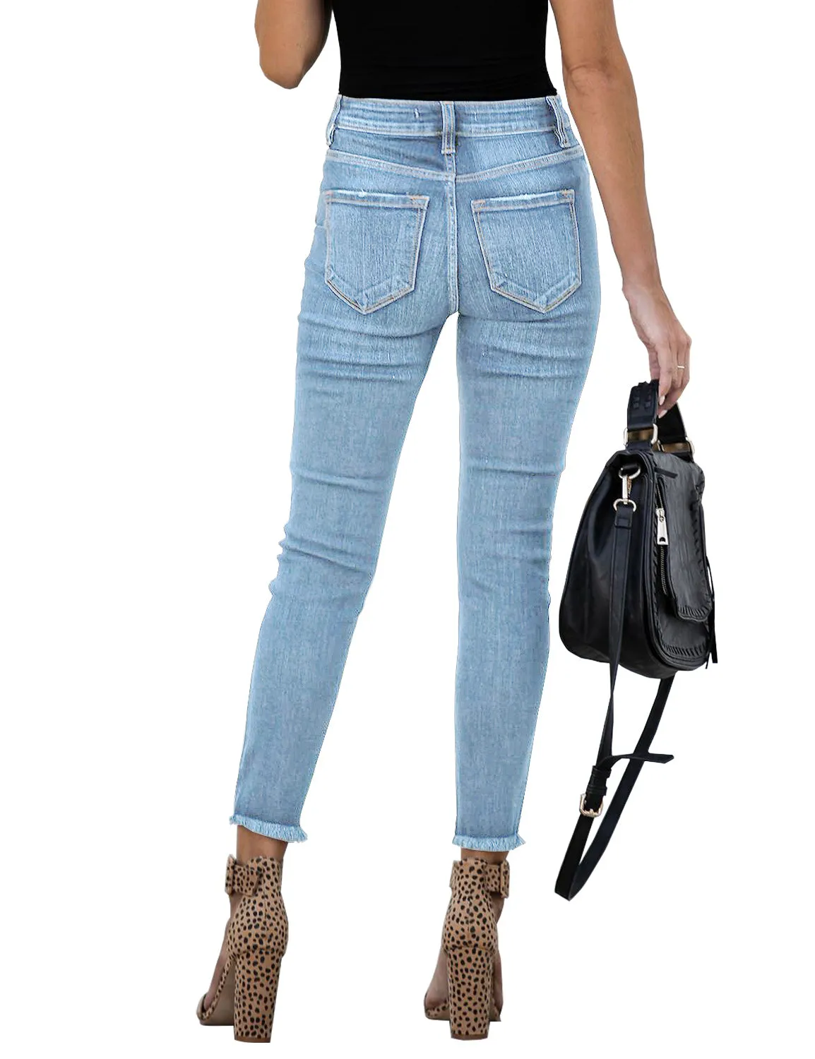 Light Blue High-Waist Button-Up Raw Hem Ripped Cropped Jeans