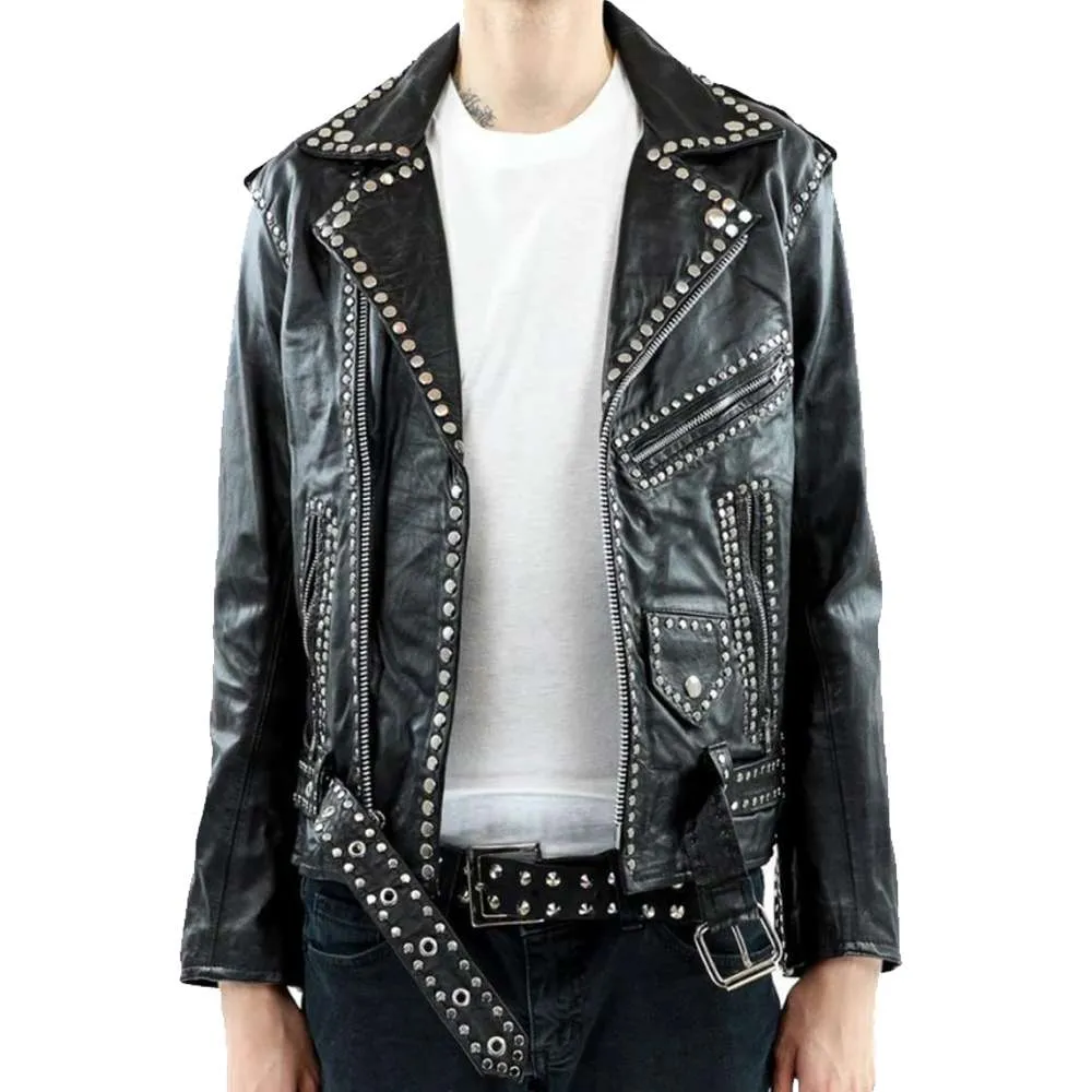 Men Studded Black Leather Party Jacket