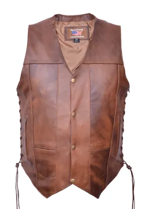 Men's 10 Pocket Brown Buffalo Leather Motorcycle Vest Side Laces Gun Pockets