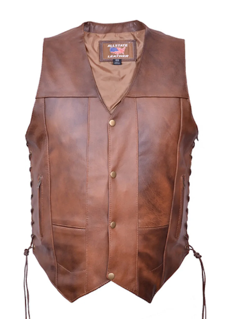 Men's 10 Pocket Brown Buffalo Leather Motorcycle Vest Side Laces Gun Pockets