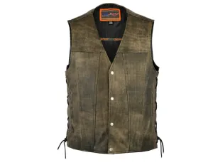 Men's Antique Brown Leather Motorcycle Vest Snap Front Solid Back Concealed Carry