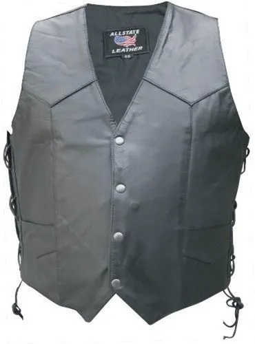 Men's Black Buffalo Leather Motorcycle Vest with Gun Pockets Side Laces