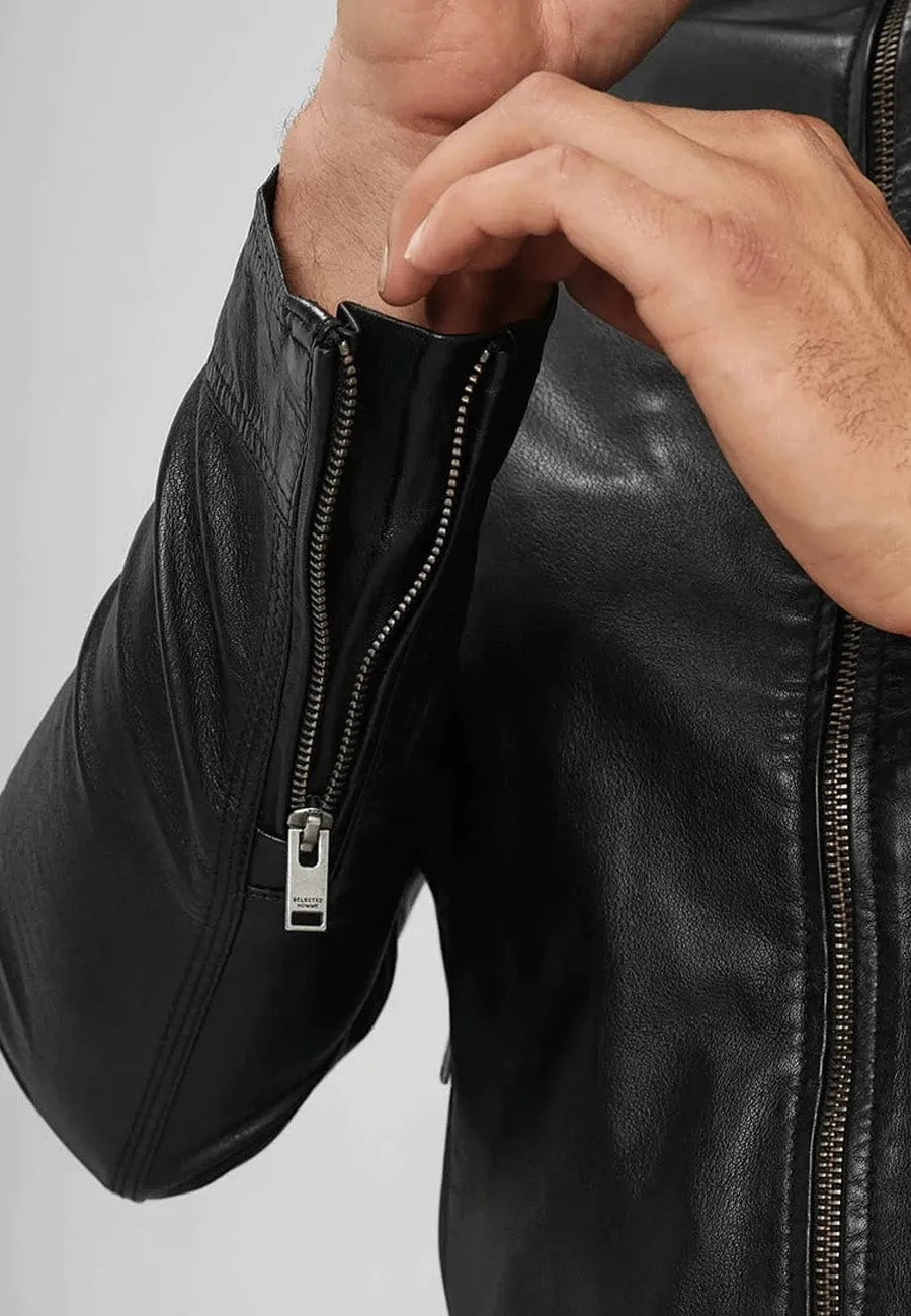 Men's Black Leather Crew Neck Jacket