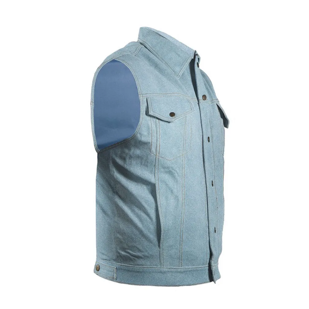 Mens Blue Leather Motorcycle Club Vest Denim Look