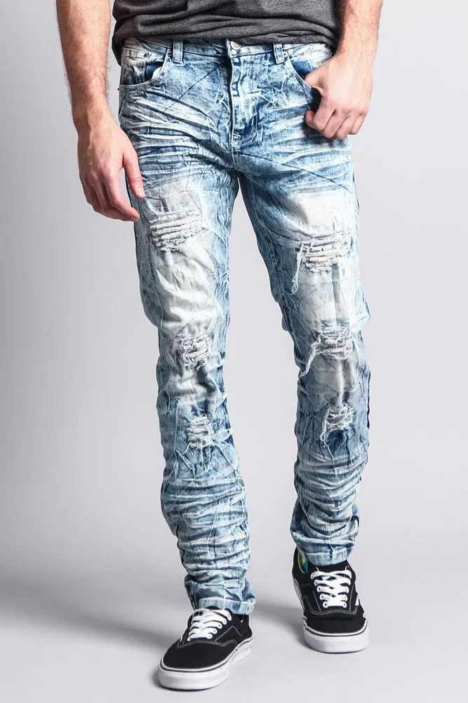 Men's Destroyed Light Acid Washed Denim Jeans