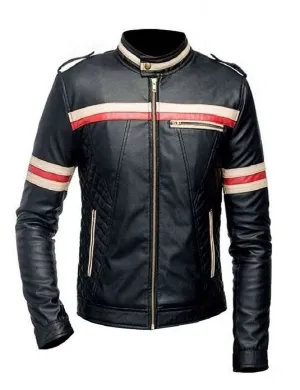 Men's Leather Jacket with Red and Beige Stripes