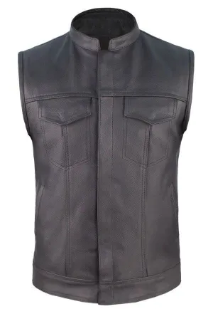 Mens Leather Motorcycle Club Vest Solid Back Concealed Snaps Chest Pockets